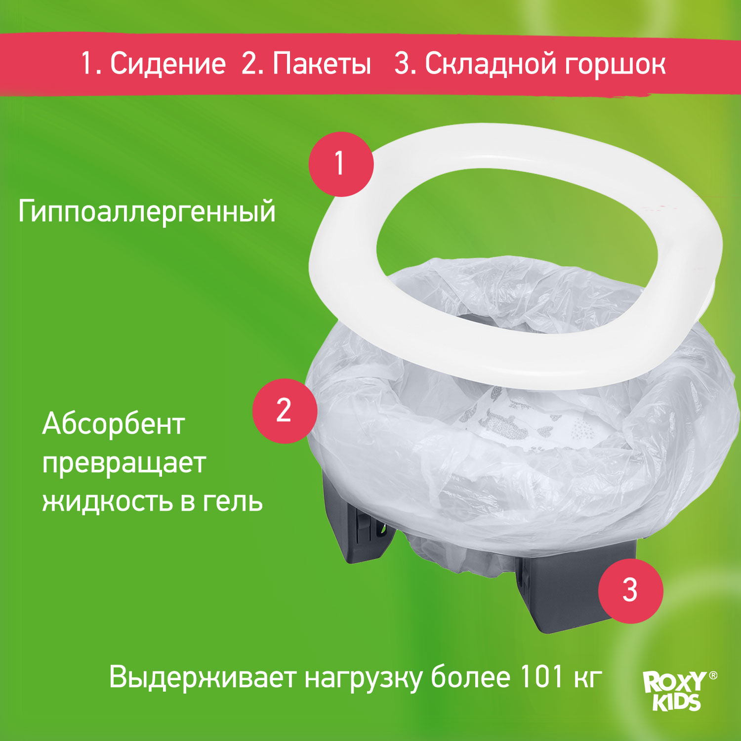 Горшок дорожный ROXY-KIDS складной и насадка на унитаз HandyPotty с тремя пакетами цвет графит - фото 7