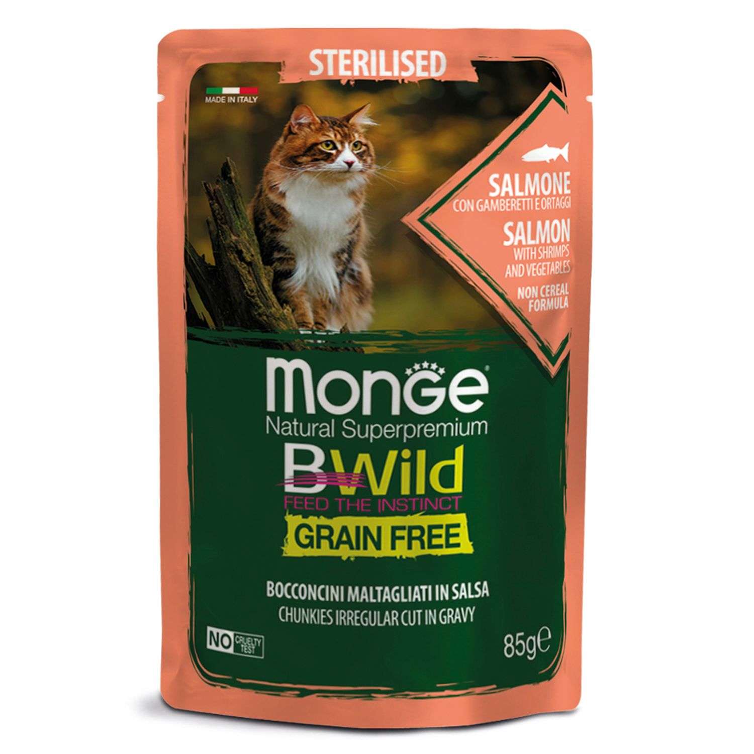 Корм для кошек MONGE Cat BWild Grain Free для стерилизованных беззерновой из лосося с креветками и овощами пауч 85г - фото 1