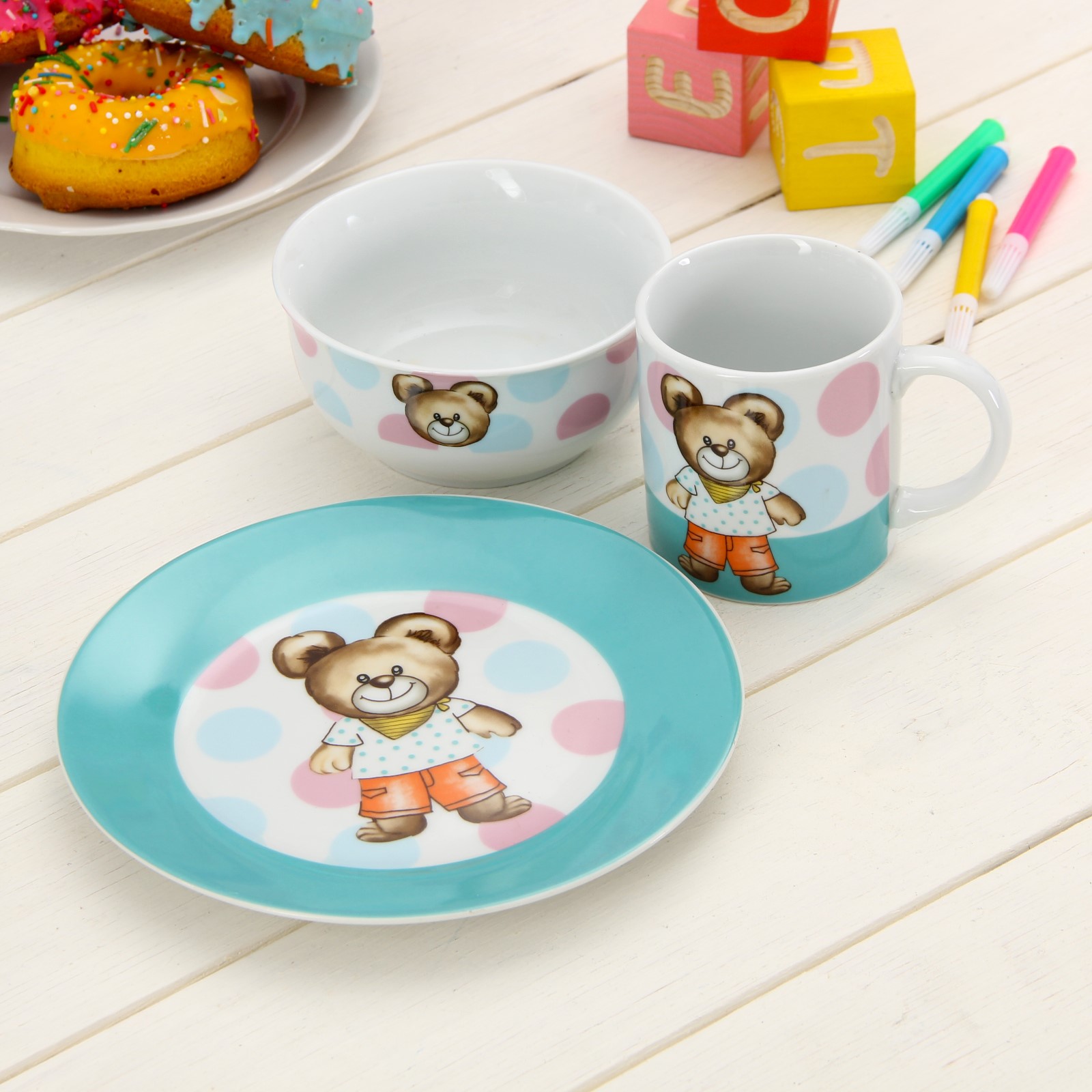 Набор детской посуды Доляна Мишка и горох кружка тарелка - фото 1