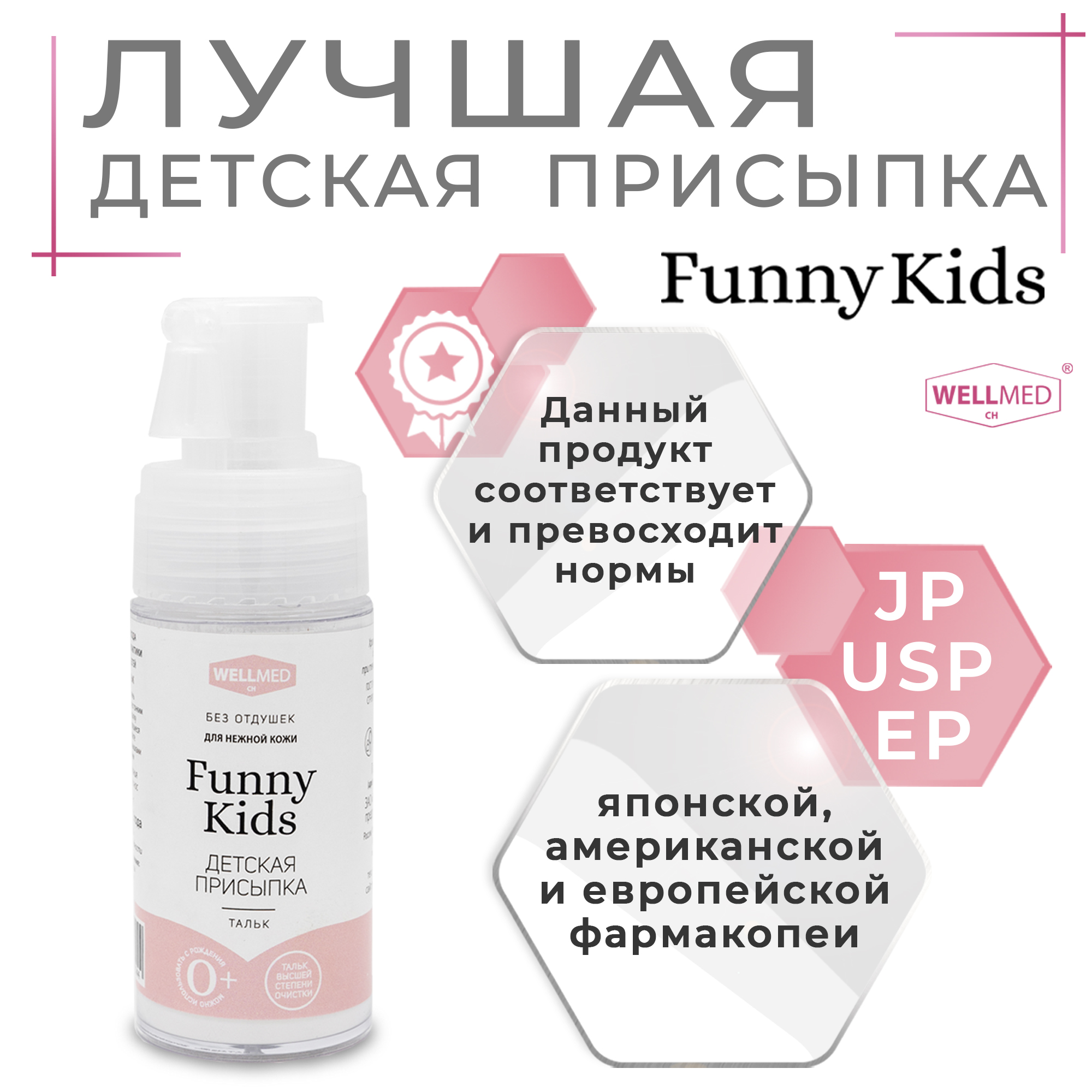 Детская присыпка Funny Kids WELLMED CH для новорожденных и малышей 0+ из чистого талька под подгузник - фото 3