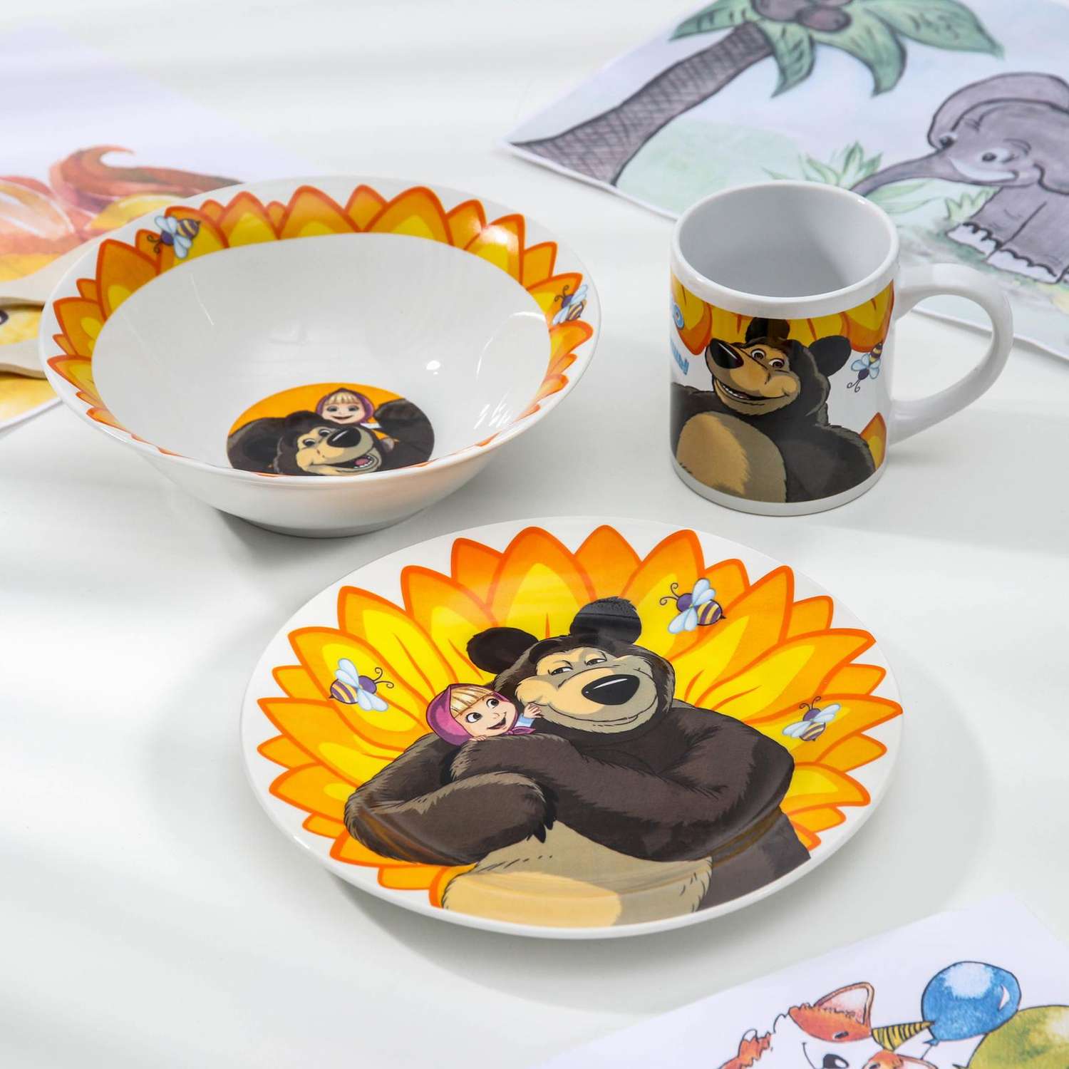 Набор детской посуды Маша и медведь Подсолнух салат тарелка кружка - фото 1