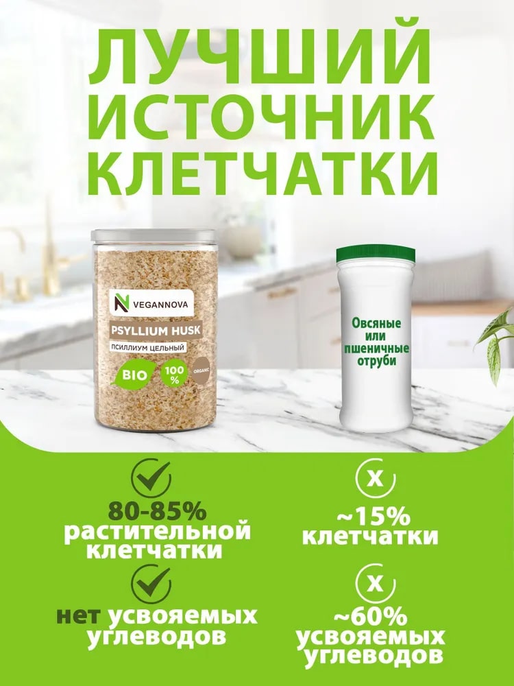 Псиллиум VeganNova очищающий для похудения 85% клетчатки банка 450 г - фото 3