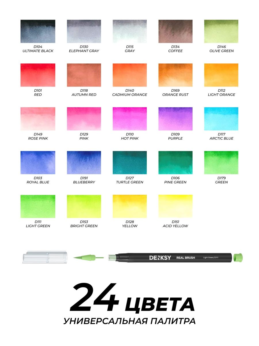 Акварельные маркеры DENKSY 24 цвета и 2 кисти с резервуаром - фото 4