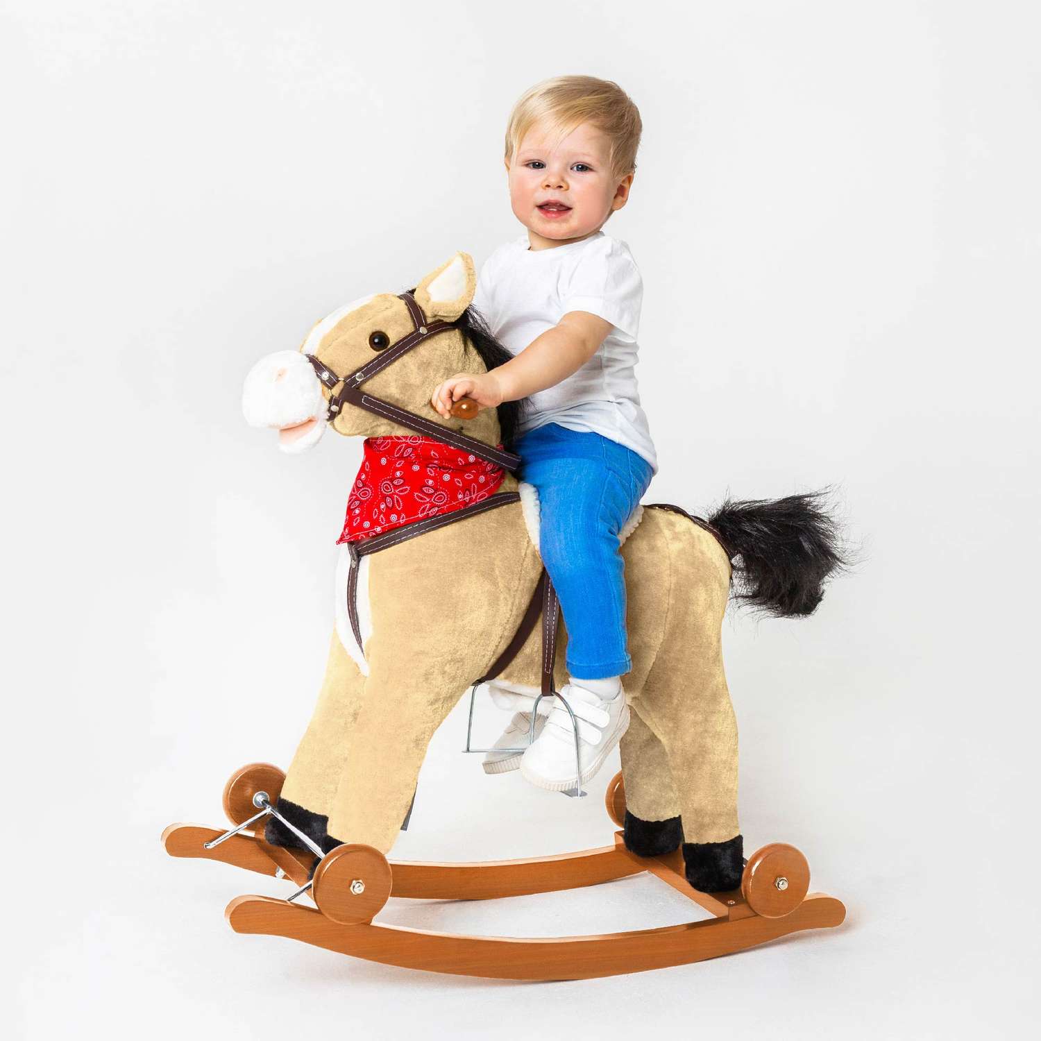 Лошадка каталка-качалка AmaroBaby West с колесами бежевый - фото 6