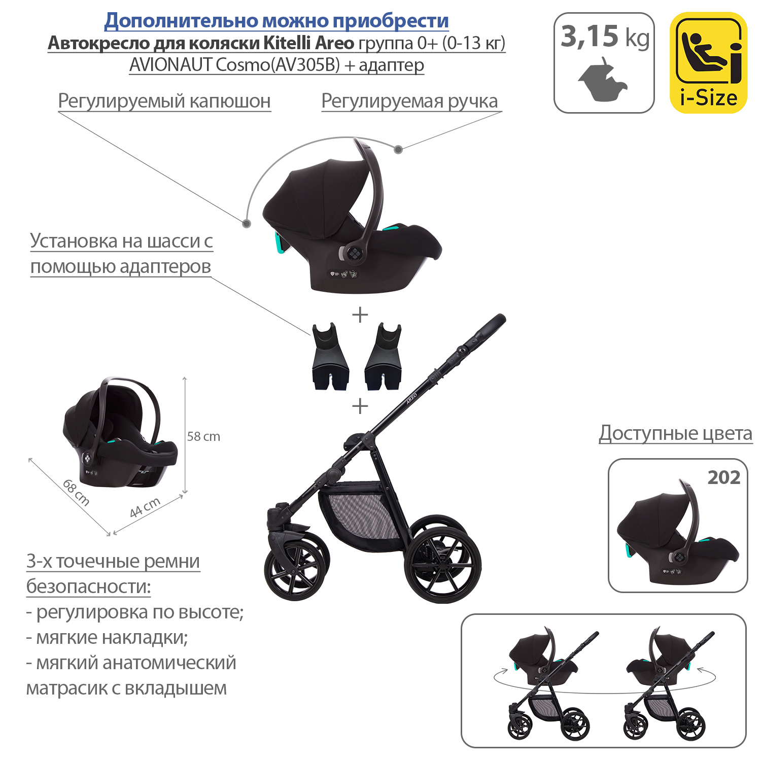 Коляска 2в1 Kitelli Areo PRO экокожа шасси Черное 03 графитовая экокожа - фото 13