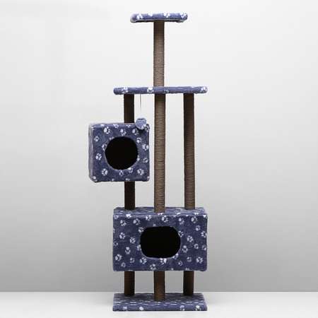 Домик-когтеточка Пижон «Квадратный с площадкой и полкой» для кошек 65х51х173 см серая с лапкам