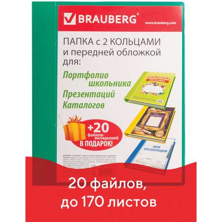 Папка для портфолио Brauberg 2 кольца 20 файлов пластик зеленая