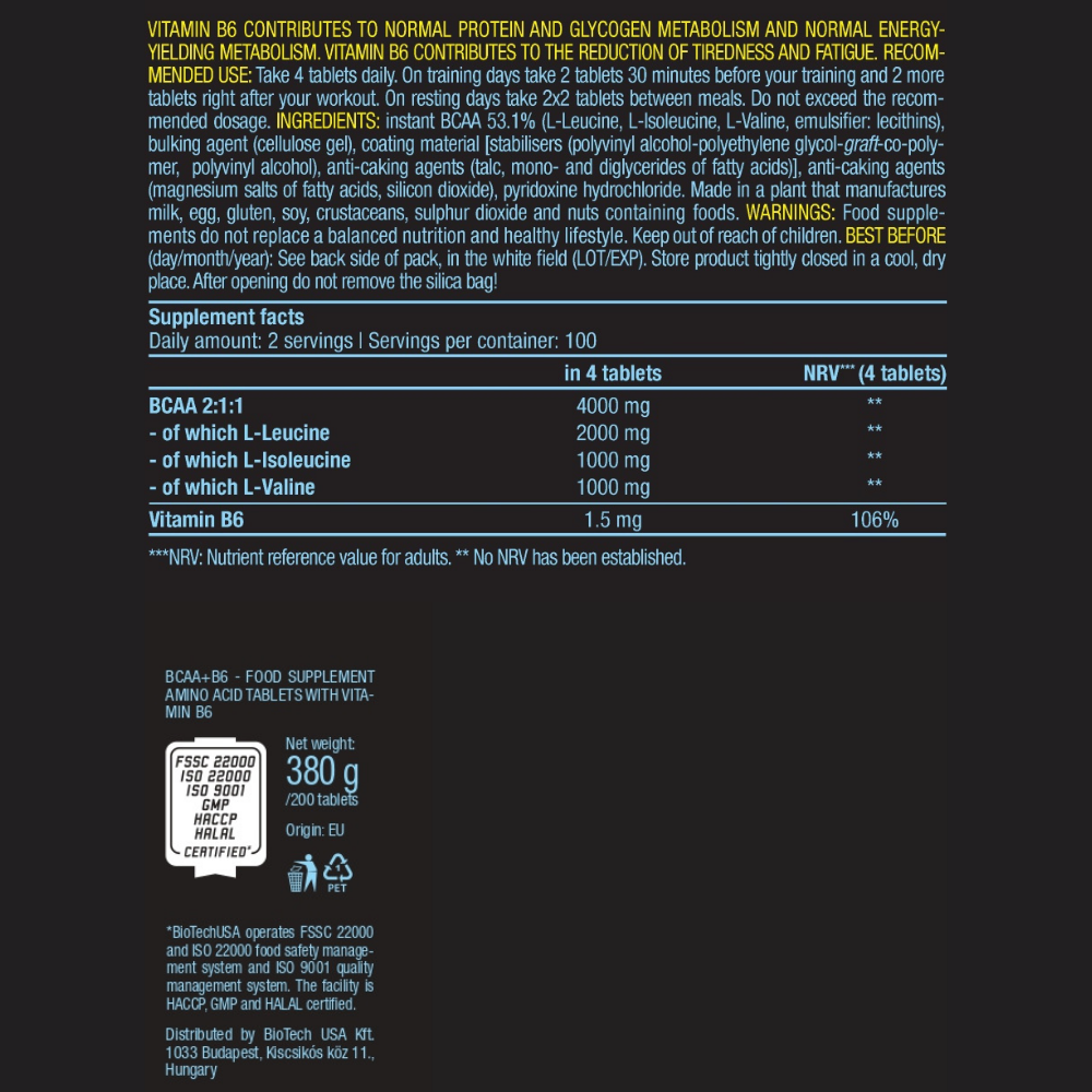 БЦАА BiotechUSA BCAA+B6 200 таблеток - фото 2