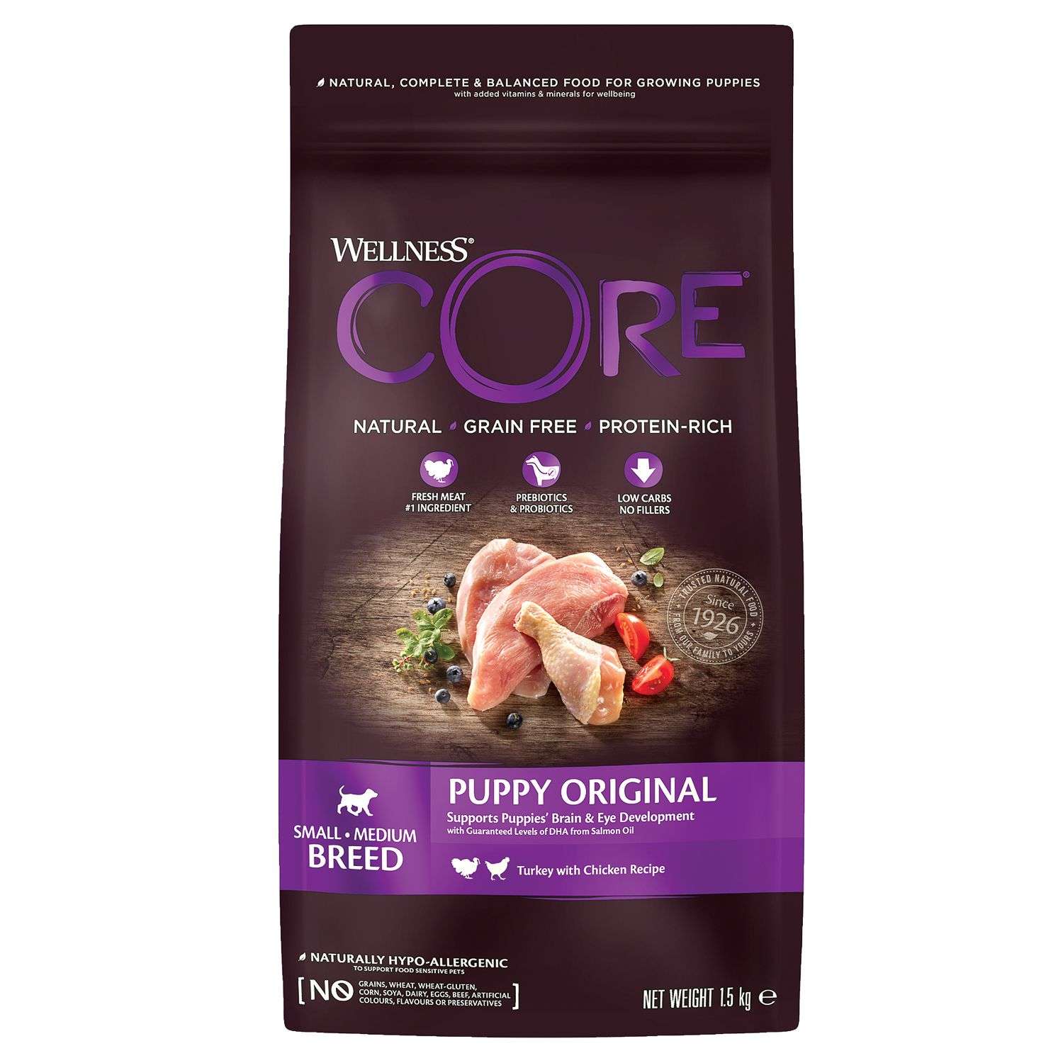 Корм для щенков Wellness CORE 1.5кг индейка-курица для мелких и средних пород - фото 1