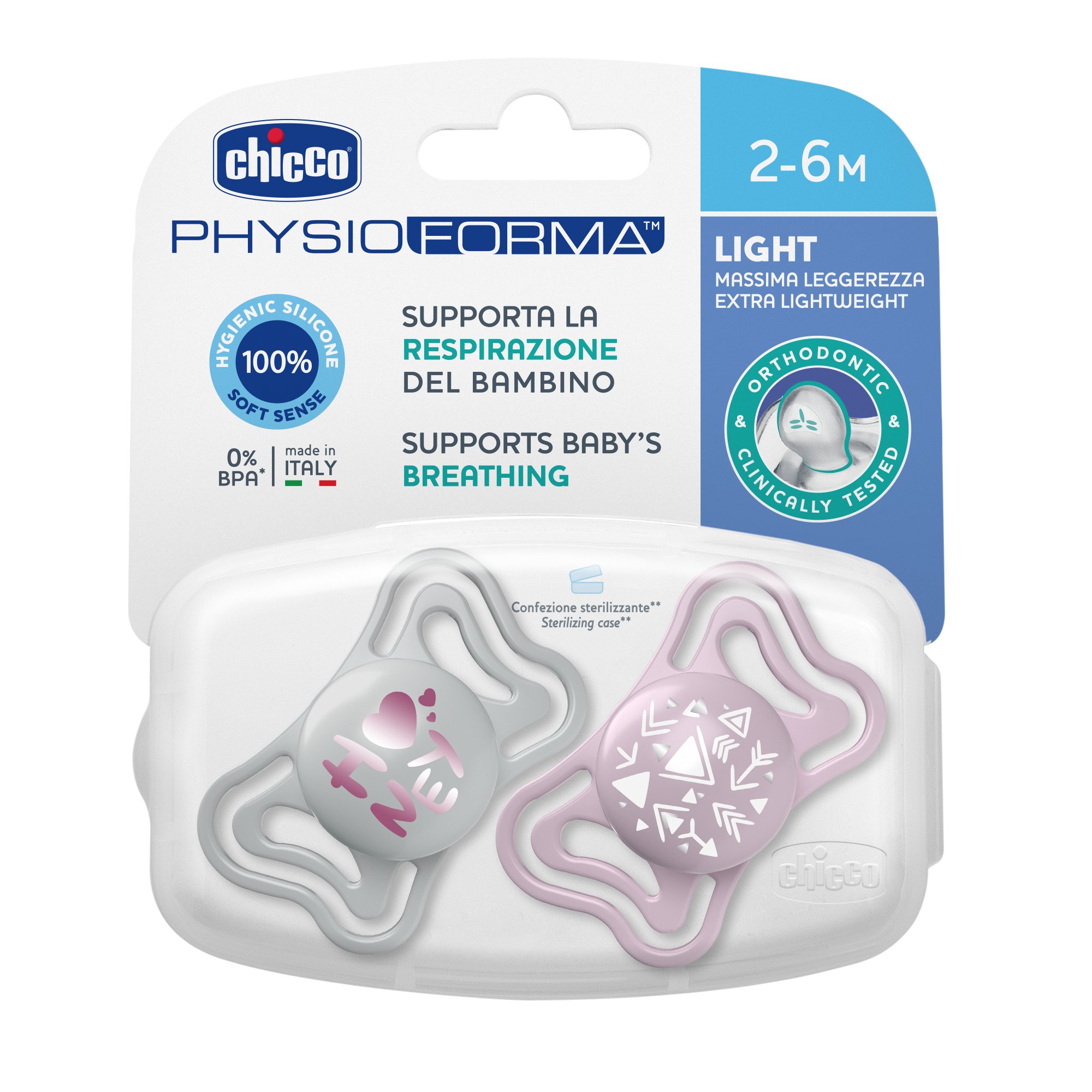 Пустышка CHICCO Physio Light 2шт 2-6мес силикон Pink рисунок стрелочки нейтральный - фото 1