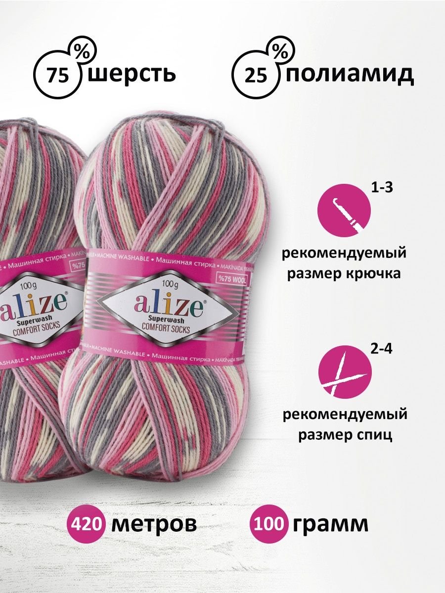 Пряжа Alize теплая для вязания носков чулок Superwash Comfort Socks 100 гр 420 м 5 мотков 7707 - фото 3