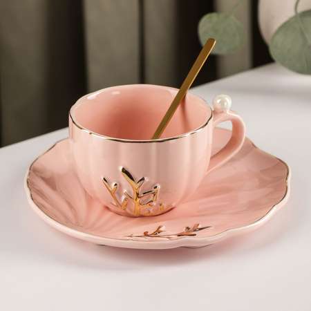 Чайная пара Sima-Land с ложкой Линия чашка 250 мл блюдце цвет розовый