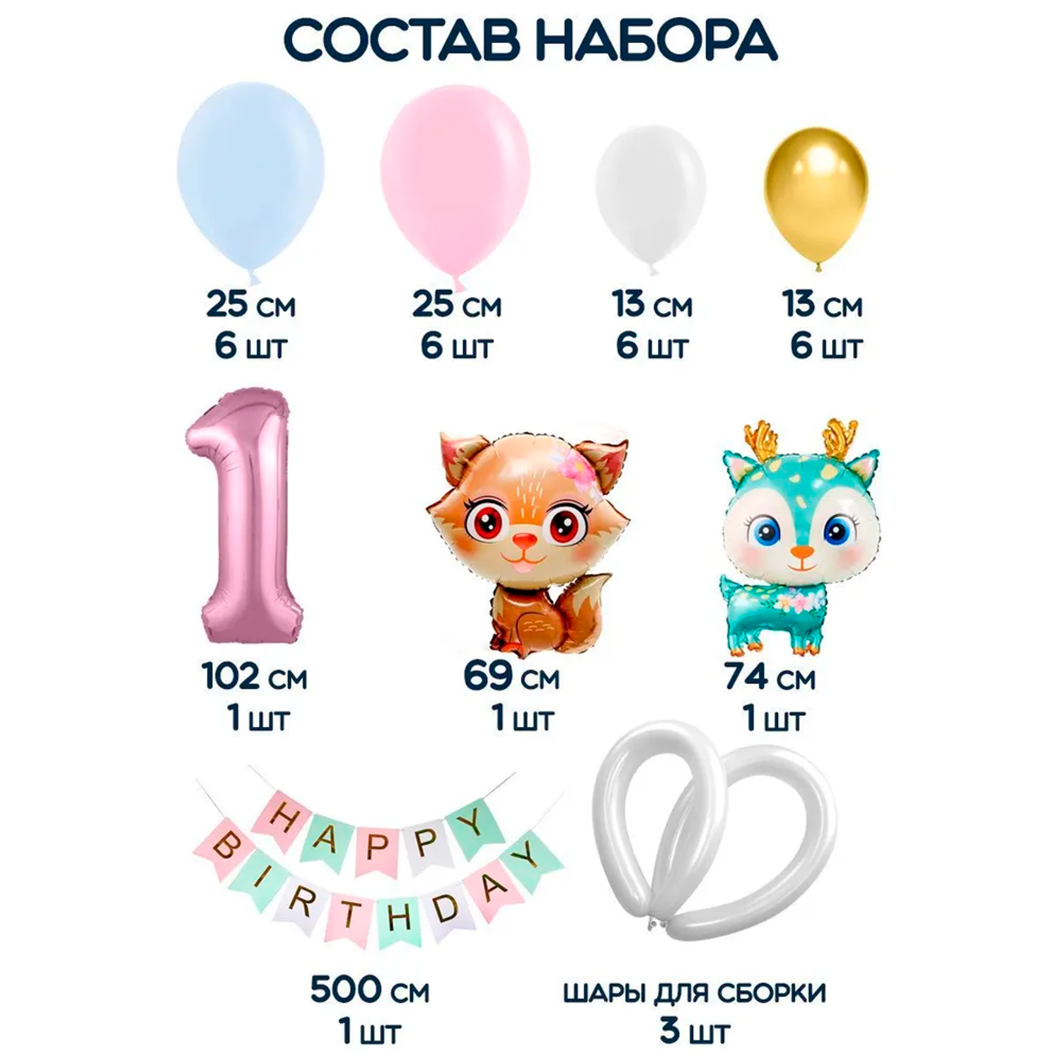 Набор для проведения праздника Riota воздушные шарики Животные и цифра 1 + растяжка С Днем рождения - фото 3