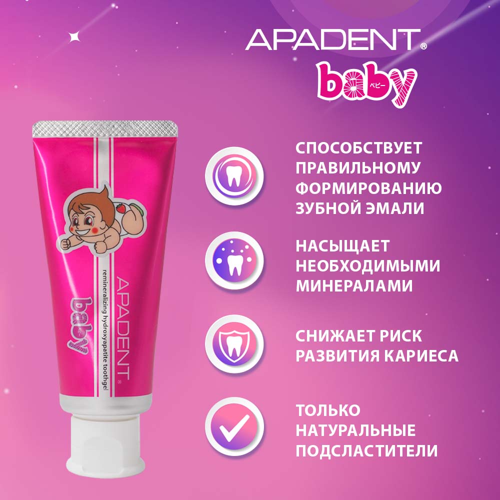 Детская зубная паста-гель Apadent Baby для молочных зубов малышей от 0 до 3  лет со вкусом клубники 55 г