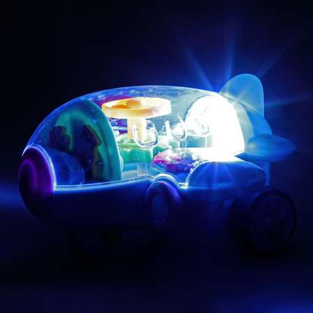 Самолет игрушка для детей 1TOY Движок голубой прозрачный с шестеренками светящийся на батарейках