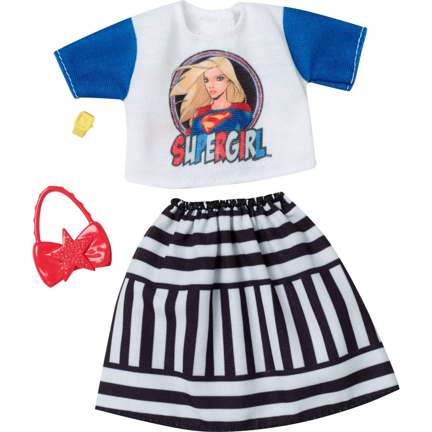 Одежда Barbie Универсальный полный наряд коллаборации DC Супердевушка Топ с принтом и юбка в полоску FXK73 FKR66 - фото 1