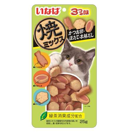 Лакомство для кошек INABA Yaki Miksu 25г кацуобуси морской гребешок и наваристый бульон запеченый