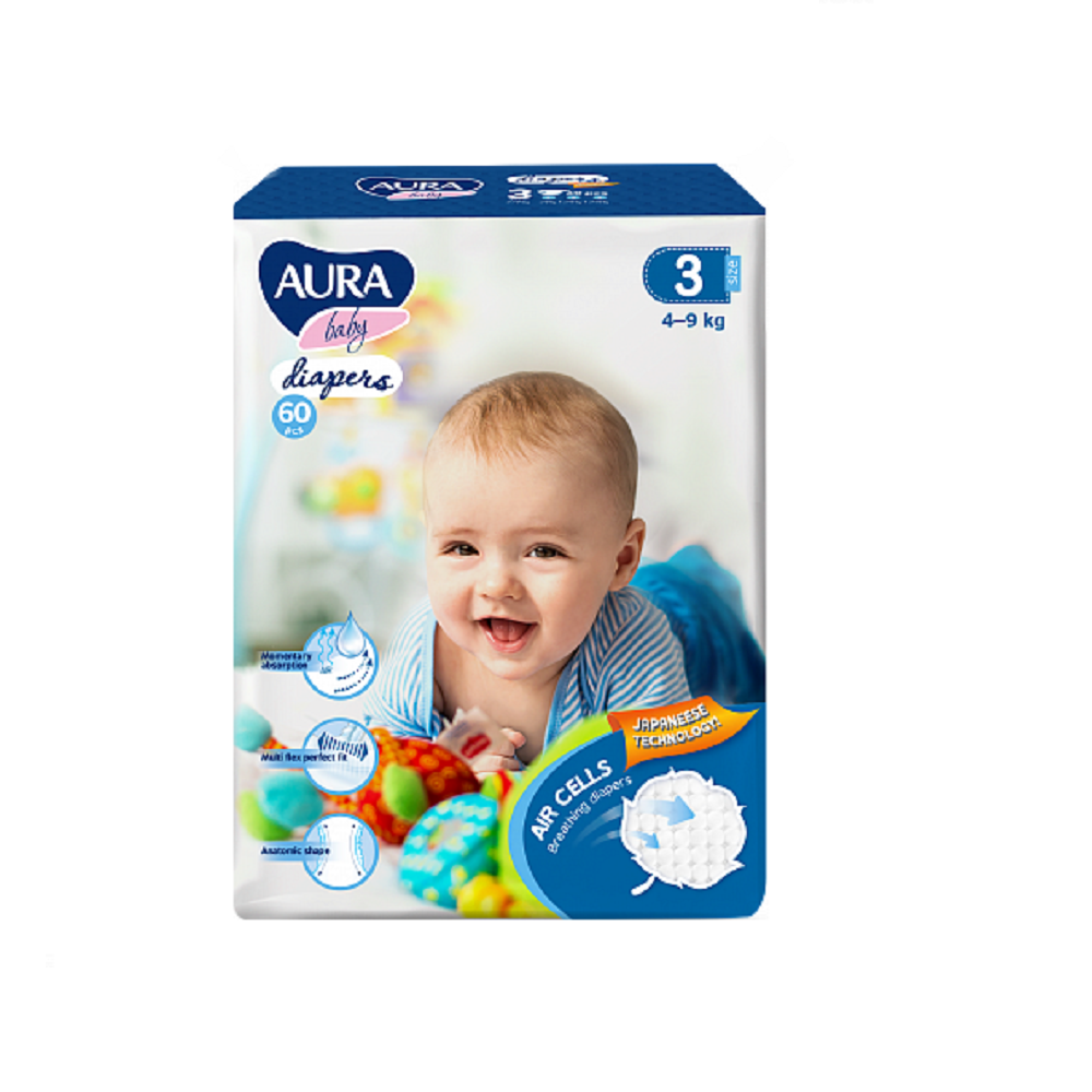 Подгузники AURA BABY одноразовые для детей 3M 4-9 кг mega-pack 60шт - фото 1