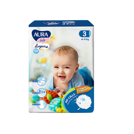 Подгузники AURA BABY одноразовые для детей 3M 4-9 кг mega-pack 60шт