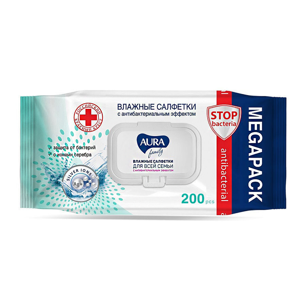 Влажные салфетки AURA Antibacterial Family для всей семьи big-pack с крышкой 200шт - фото 1