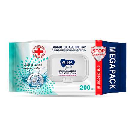 Влажные салфетки AURA Antibacterial Family для всей семьи big-pack с крышкой 200шт