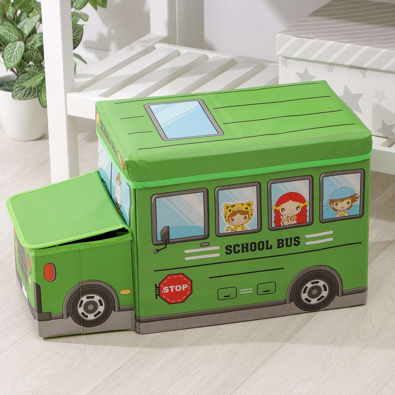 Короб Школа Талантов стеллажный для хранения с крышкой «Школьный автобус» 55×26×32 см 2 отделения цвет зелёный - фото 1