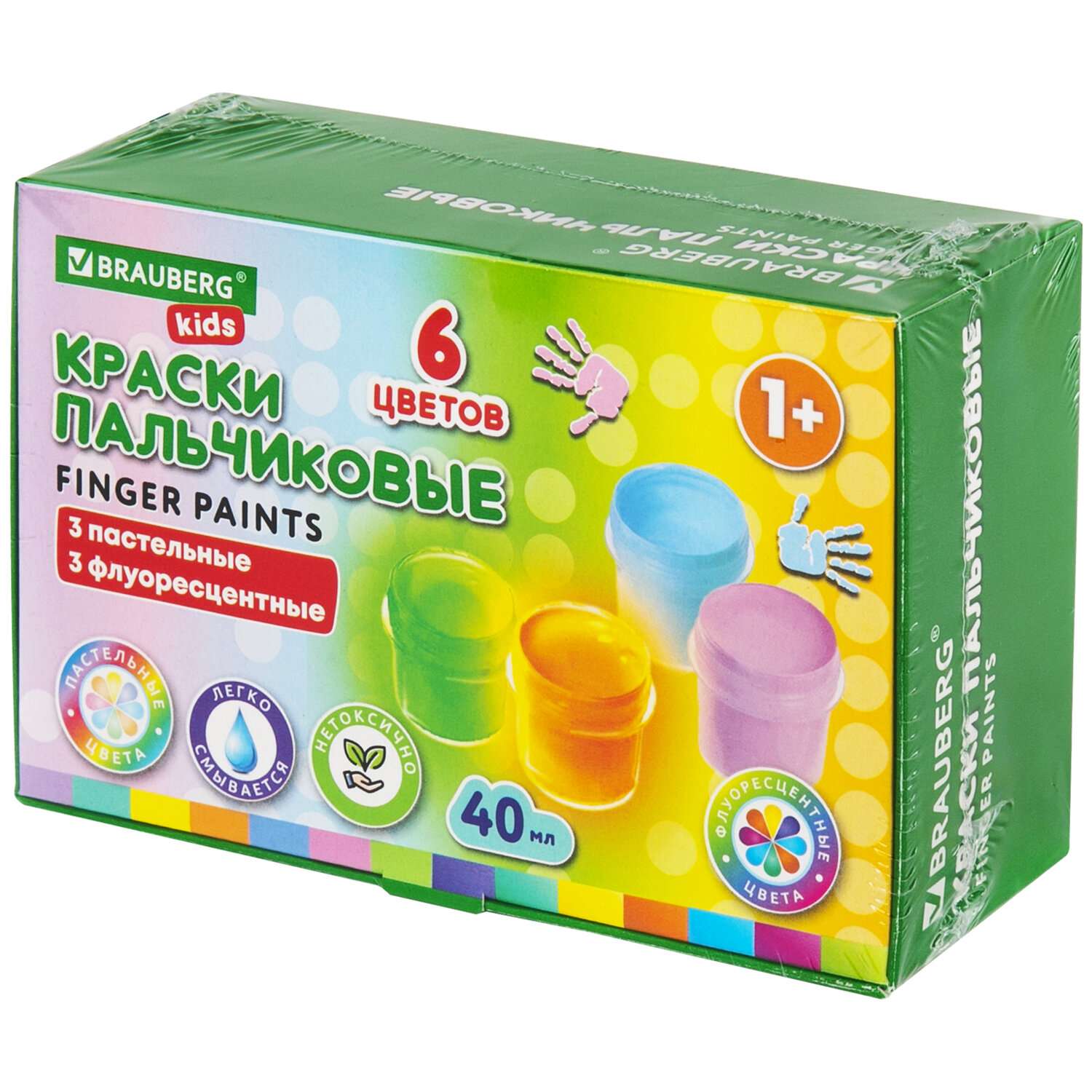 Краски пальчиковые Brauberg для малышей от 1 года 6 цветов пастельные и флуоресцентные - фото 1