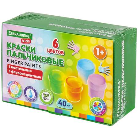Краски пальчиковые Brauberg для малышей от 1 года 6 цветов пастельные и флуоресцентные