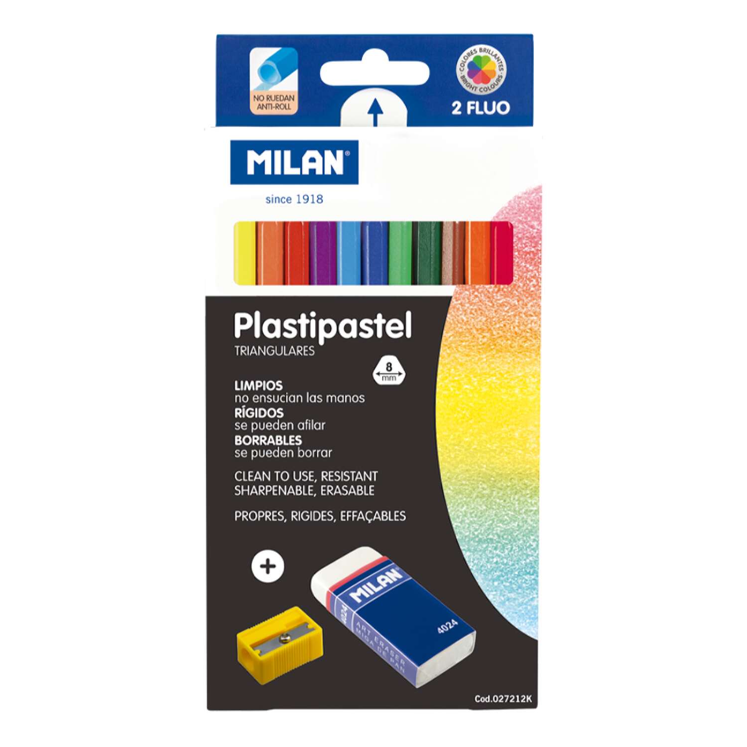 Набор цветных карандашей MILAN толстых пластиковых Plastipastel 12 цветов и точилка и ластик трехгранный корпус - фото 1