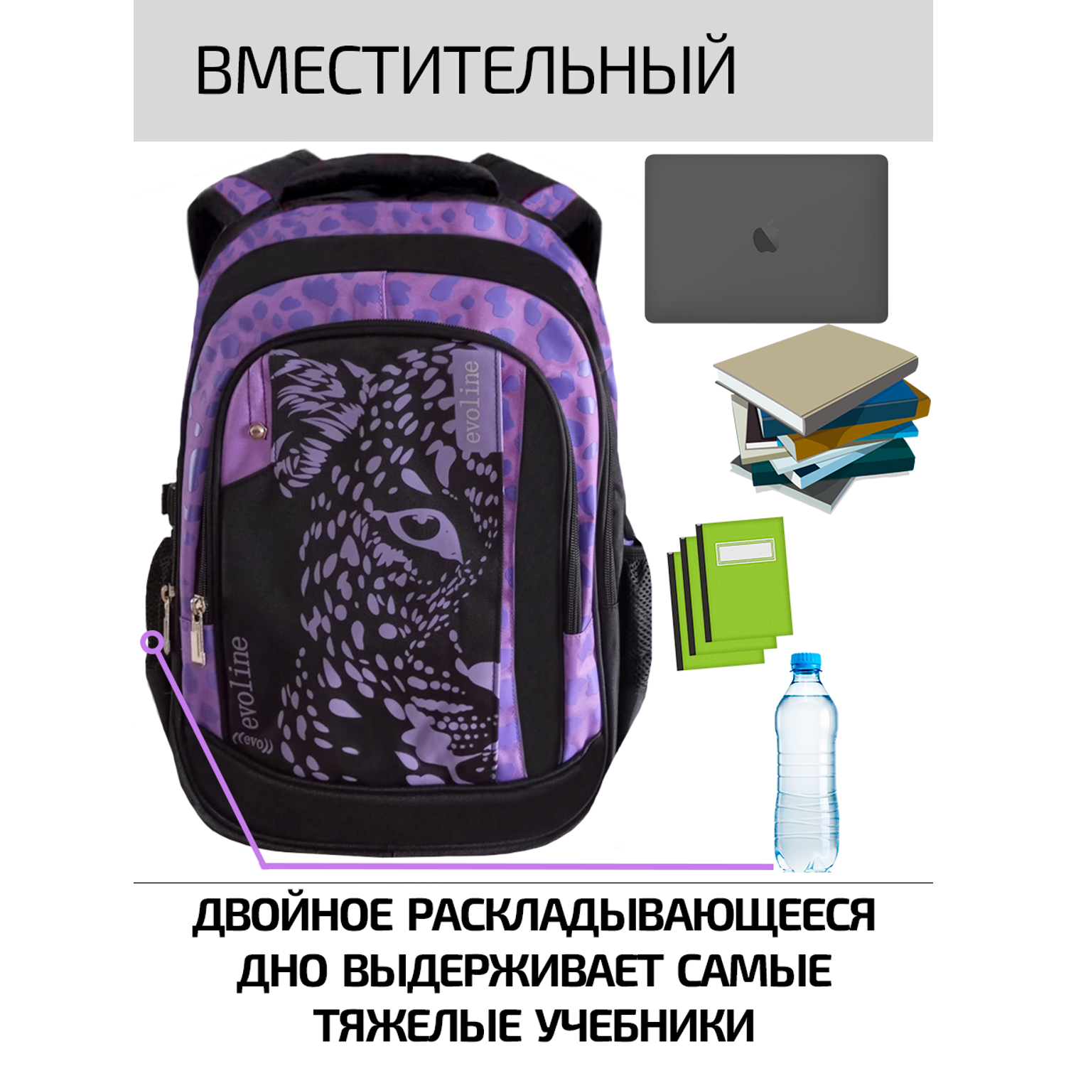 Рюкзак школьный Evoline черный фиолетовый леопардо EVO-155 - фото 3