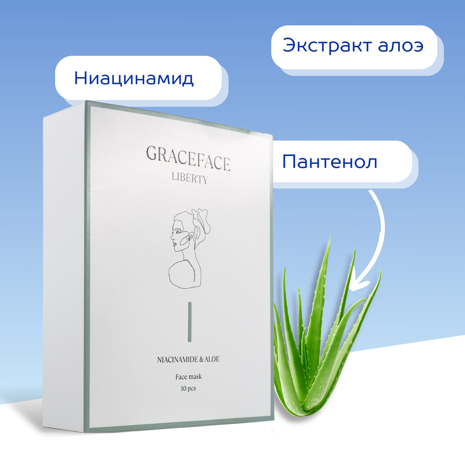 Набор тканевых масок для лица GraceFACE увлажняющие с экстрактом алоэ и ниацинамидом 10 шт - фото 4
