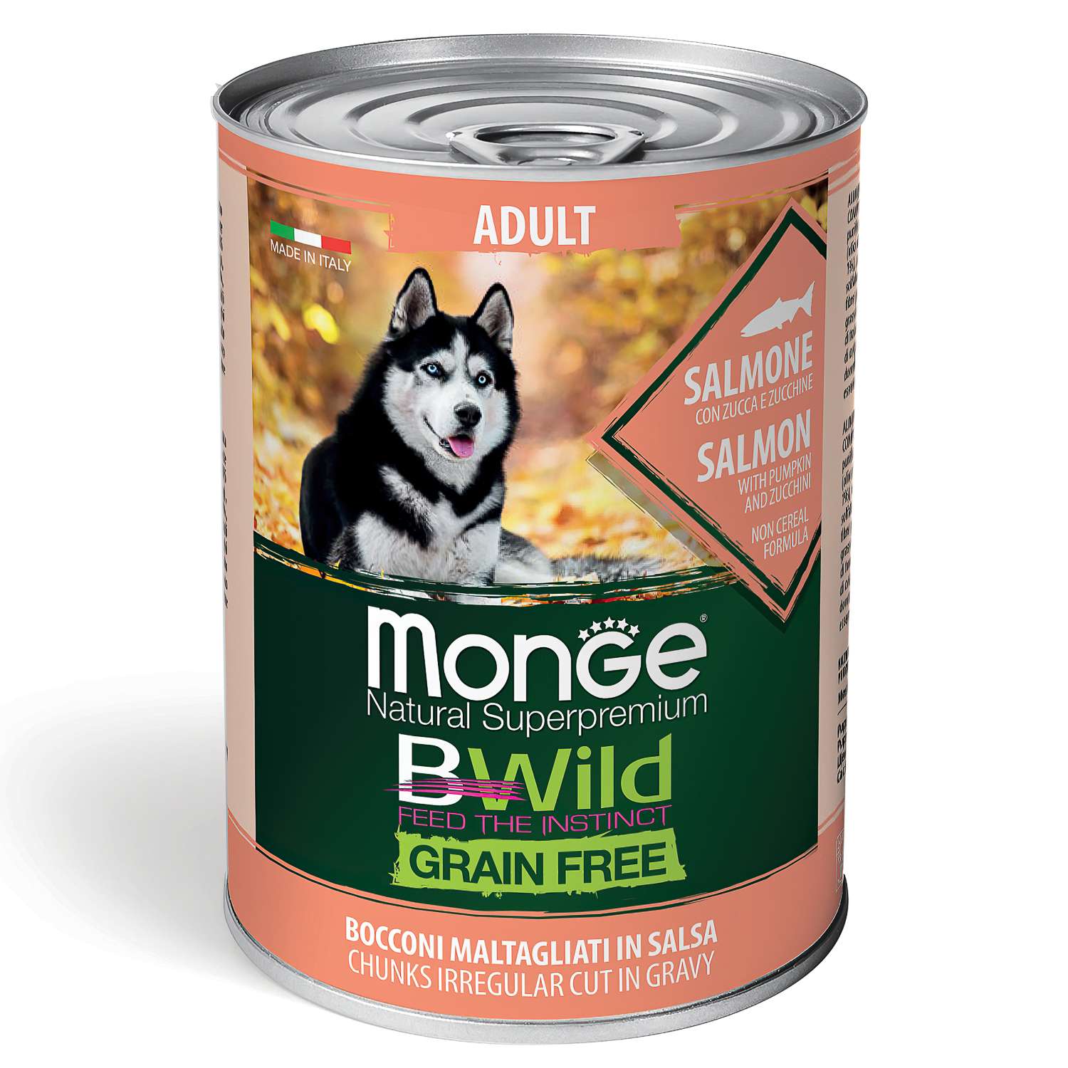 Корм для собак MONGE BWild Grain free из лосося с тыквой и кабачками консервированный 400г - фото 1