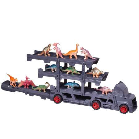 Игровой набор Junfa Автовоз катапульта серый с 8 машинками и 12 фигурками динозавров