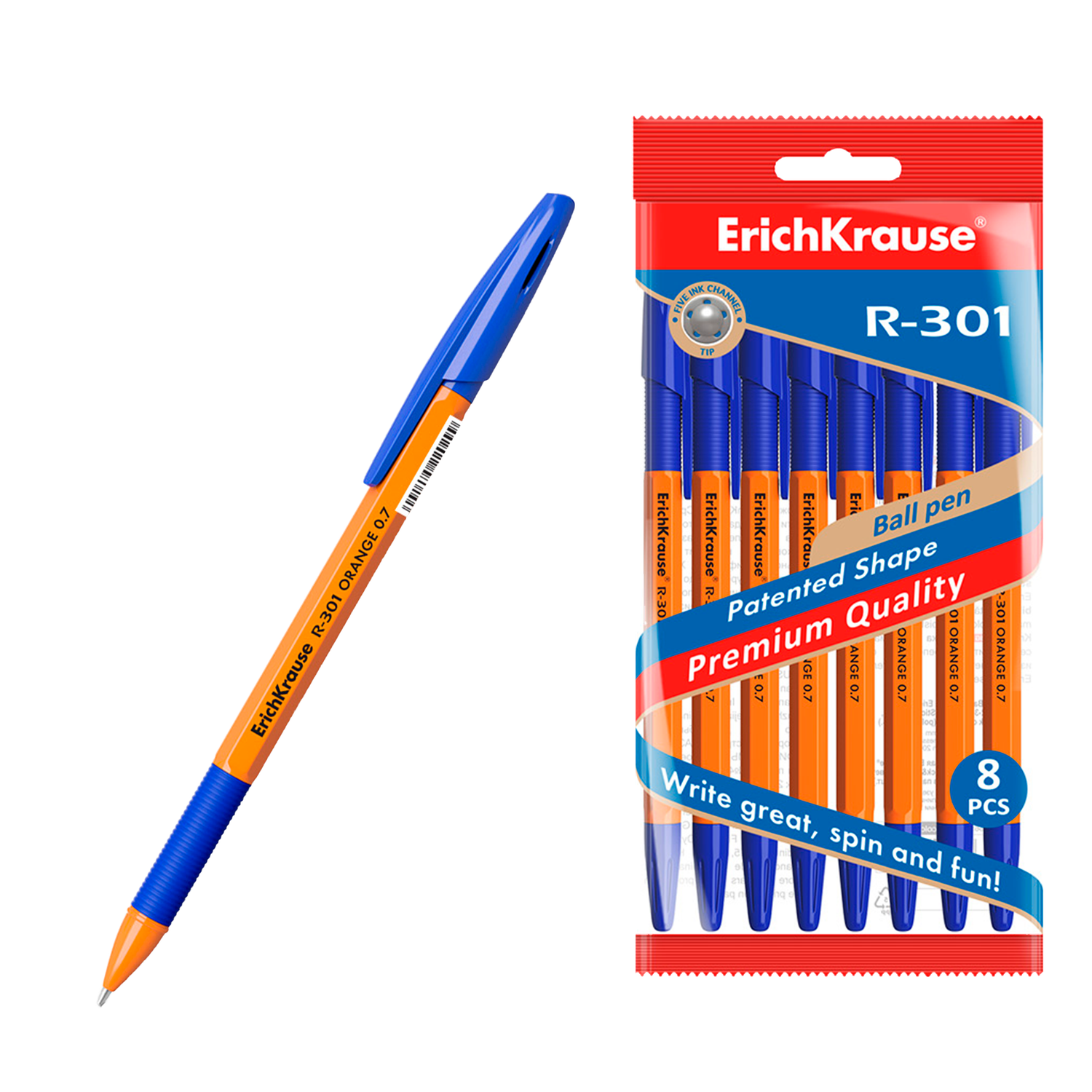 Ручка шариковая ErichKrause R-301 Orange StickGrip 0.7 цвет чернил синий в пакете по 8шт 56569 - фото 1