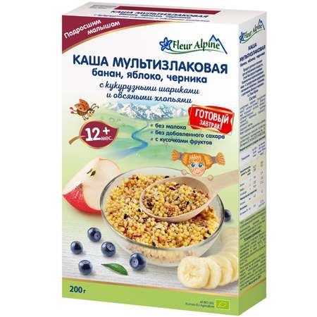 Каша Fleur Alpine мультизлаковая банан-яблоко-черника с кукурузными шариками и овсяными хлопьями 200г с 12месяцев