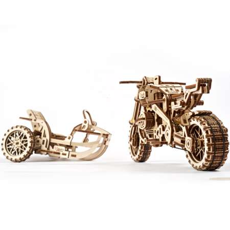 Сборная деревянная модель UGEARS Мотоцикл Scrambler UGR-10 с коляской 3D-пазл механический конструктор