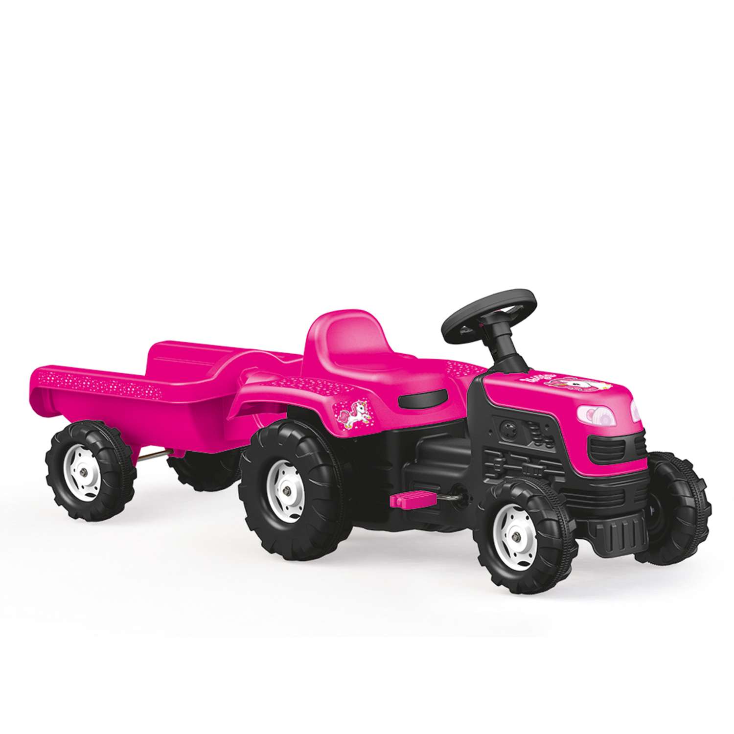 Трактор педальный DOLU Unicorn с прицепом клаксон розовый - фото 1