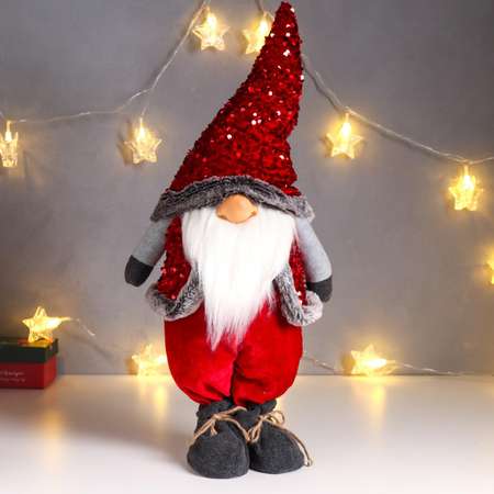 Кукла интерьерная Зимнее волшебство «Дед Мороз в красном колпаке и жилетке с пайетками» 55х16х22 см