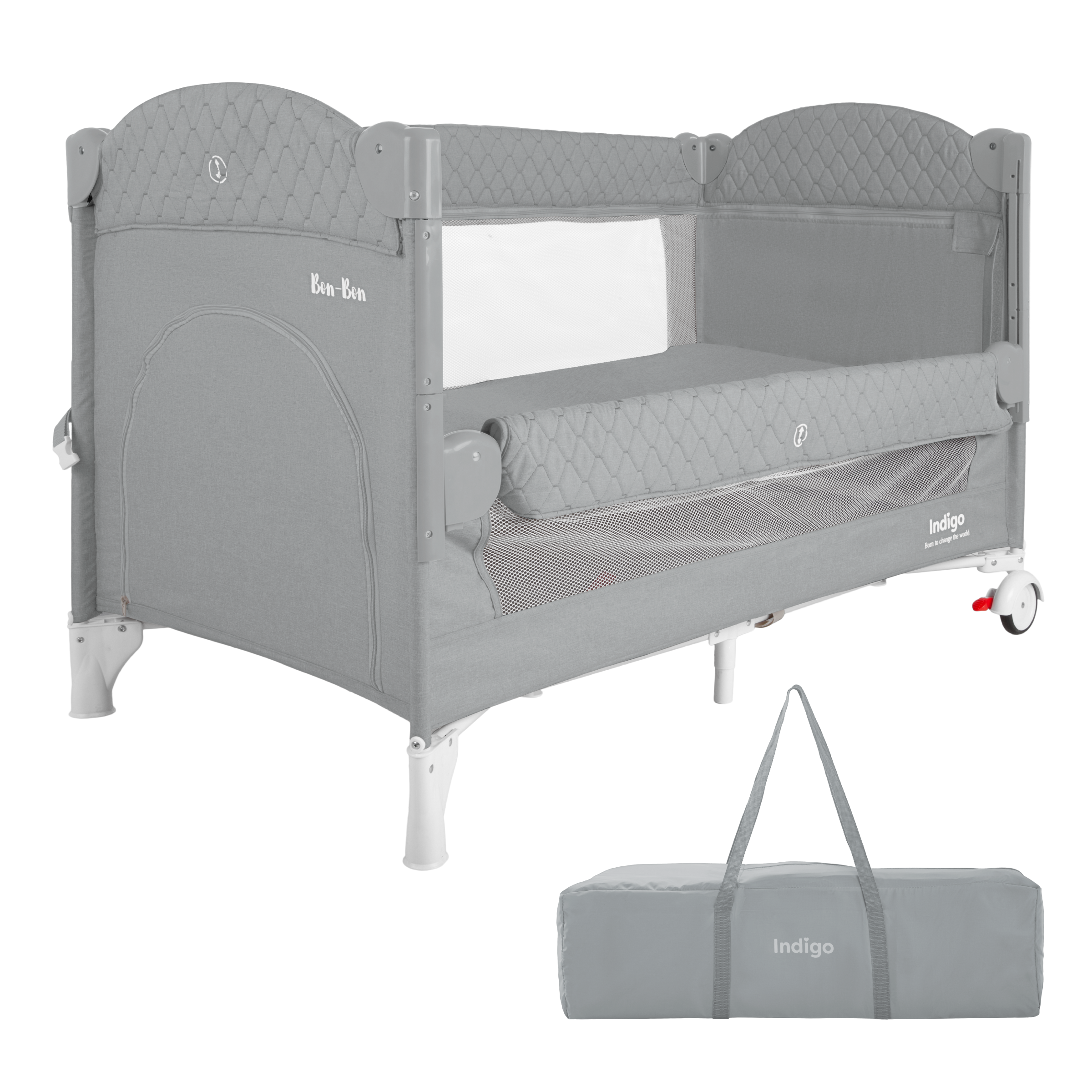 Манеж-кровать Indigo Bon-Bon лен приставной 2 уровня светло-серый 4657792384793 - фото 11