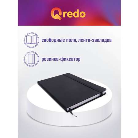 Записная книжка Qredo в клетку А5 90л Qredo черная обложка soft touch на резинке