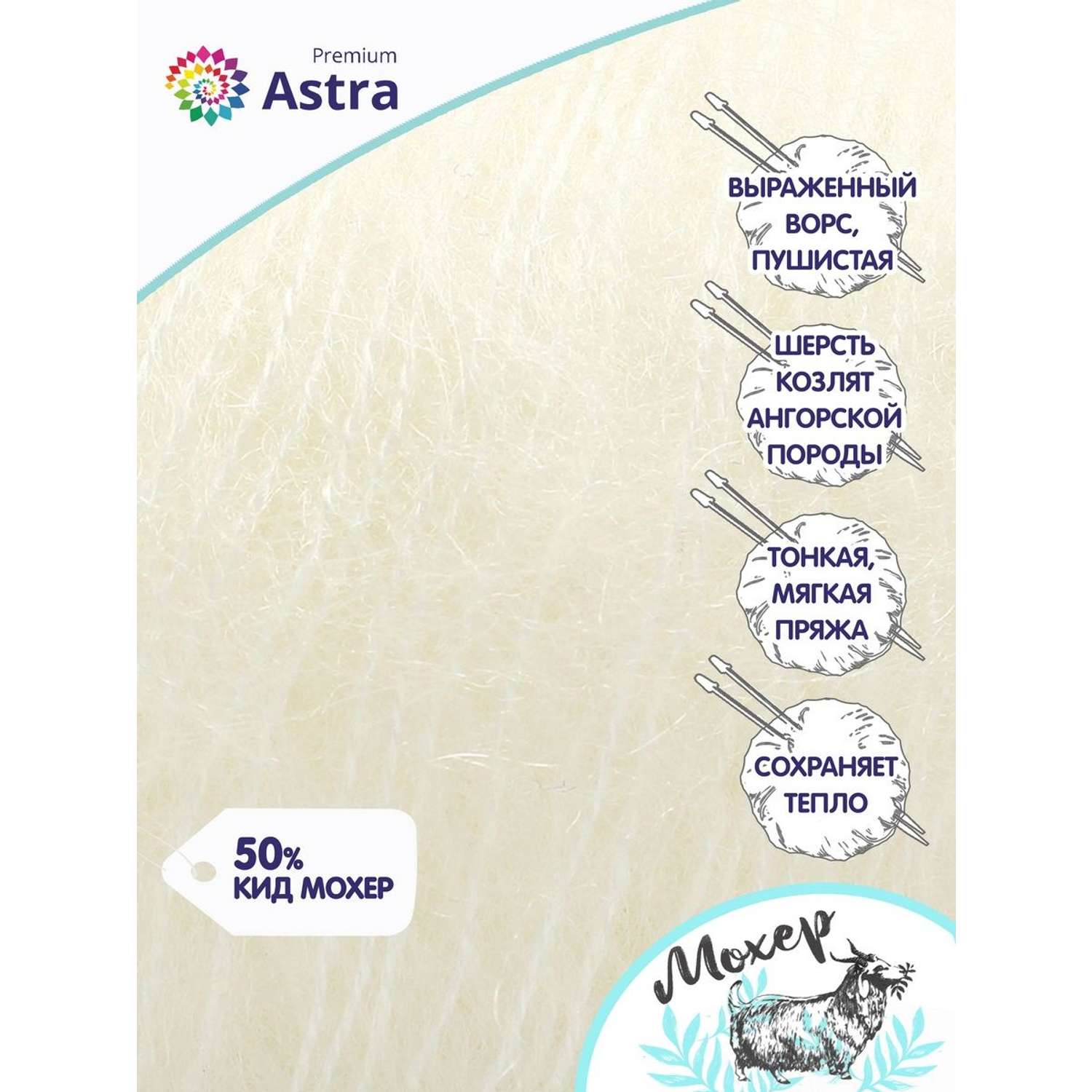Пряжа Astra Premium Мохер Mohair полушерстяная с ворсом 25 г 190 м 01 белый 4 мотка - фото 2