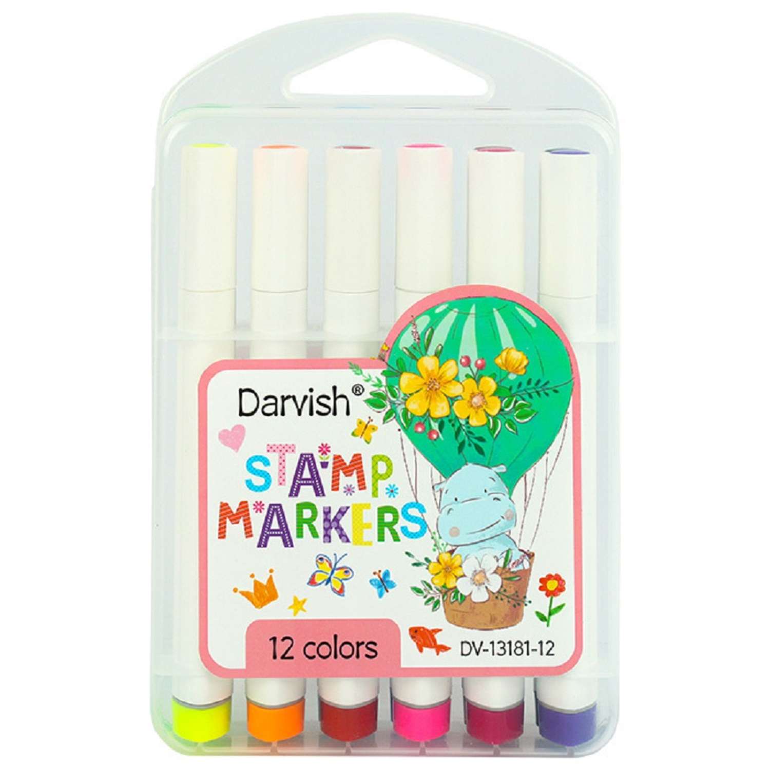 Фломастеры-кисти 12 цветов Darvish со штампами в пластиковом футляре для рисования - фото 1
