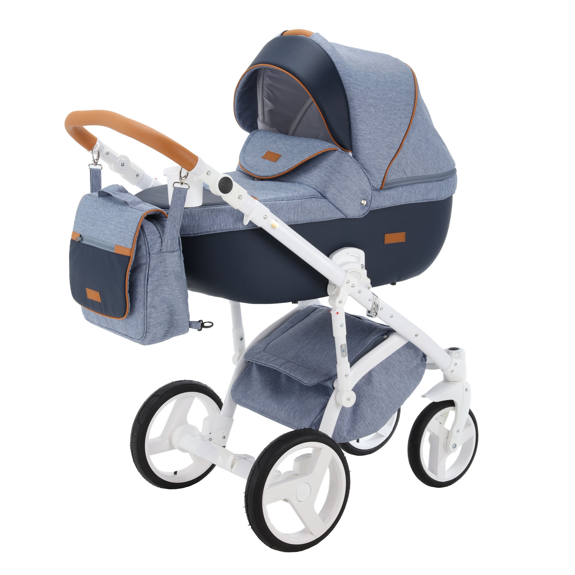 Коляска 2в1 BeBe-mobile Ravenna Standart V14 Джинс+Темно-синяя кожа+Карамельная кожаная отделка - фото 1