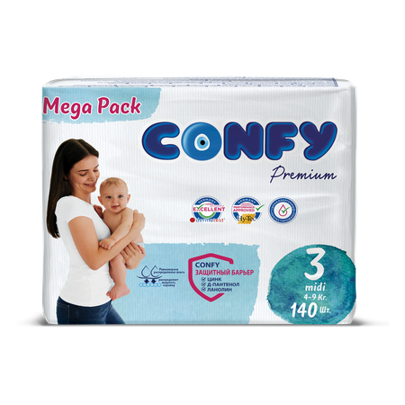 Подгузники CONFY детские Premium 4-9 кг размер 3 140 шт