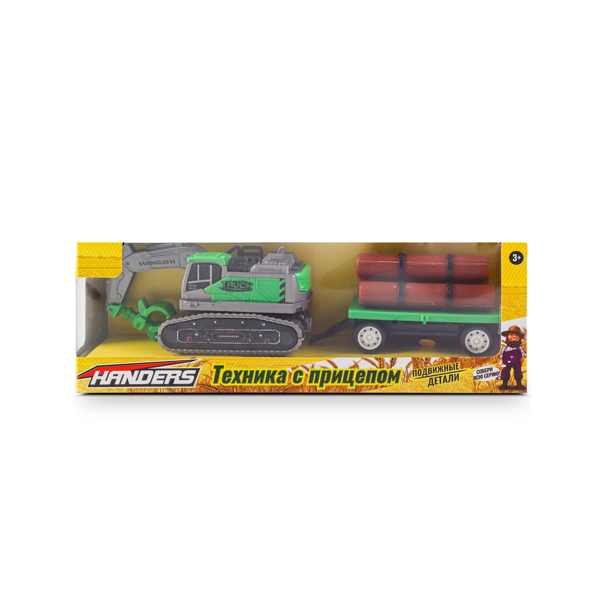 Инерционная игрушка Handers Гусеничный экскаватор с щипцами и прицепом: Лесовоз 22 см зелёный HAC1608-179 - фото 3
