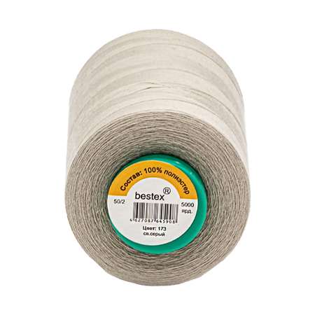 Нитки Bestex промышленные для тонких тканей для шитья и рукоделия 50/2 5000 ярд 1 шт 173 светлый серый