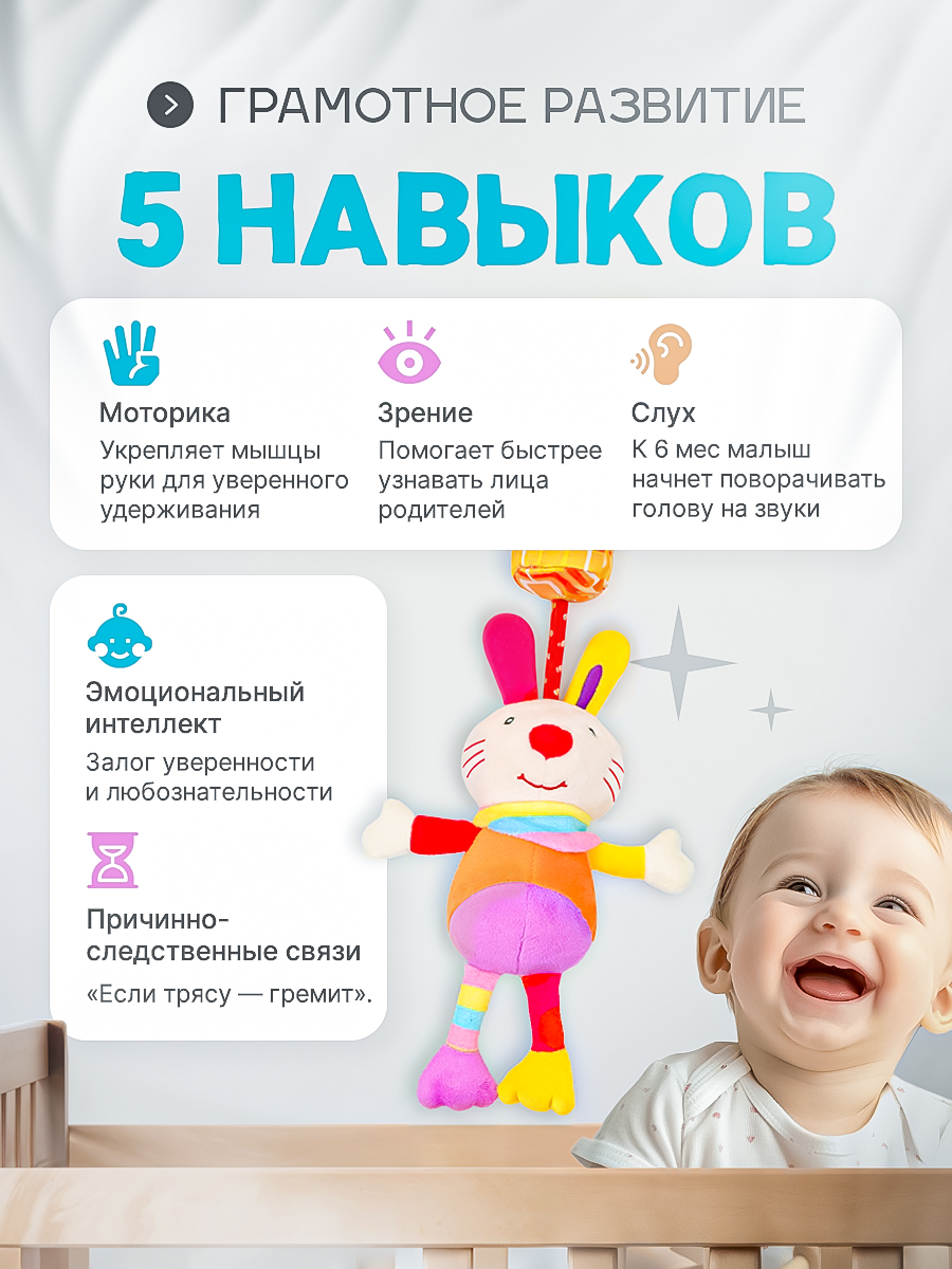 Игрушка подвеска SHARKTOYS с колокольчиком на кроватку коляску Зайка - фото 4