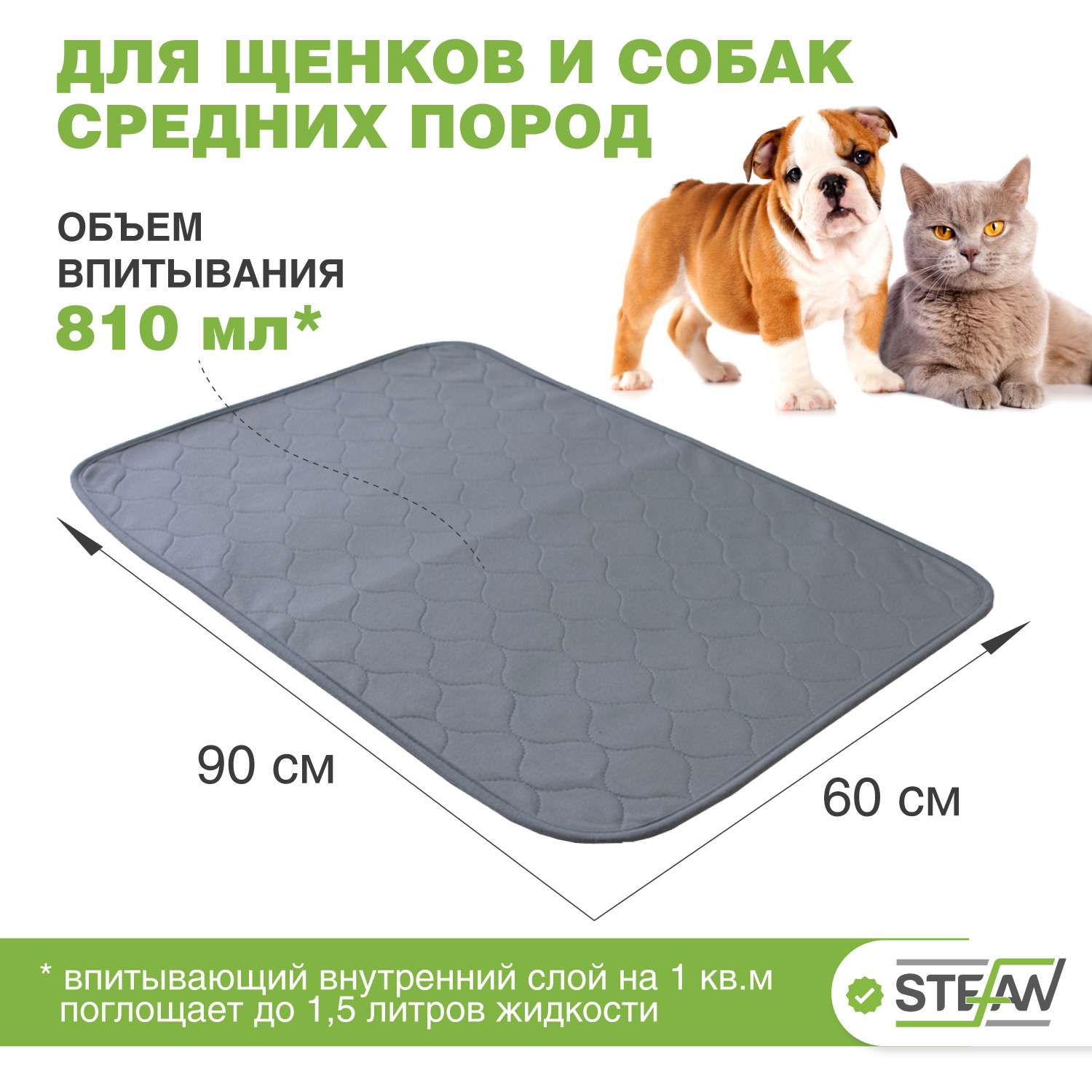 Пеленка для животных Stefan впитывающая многоразовая серая 60х90 см - фото 2