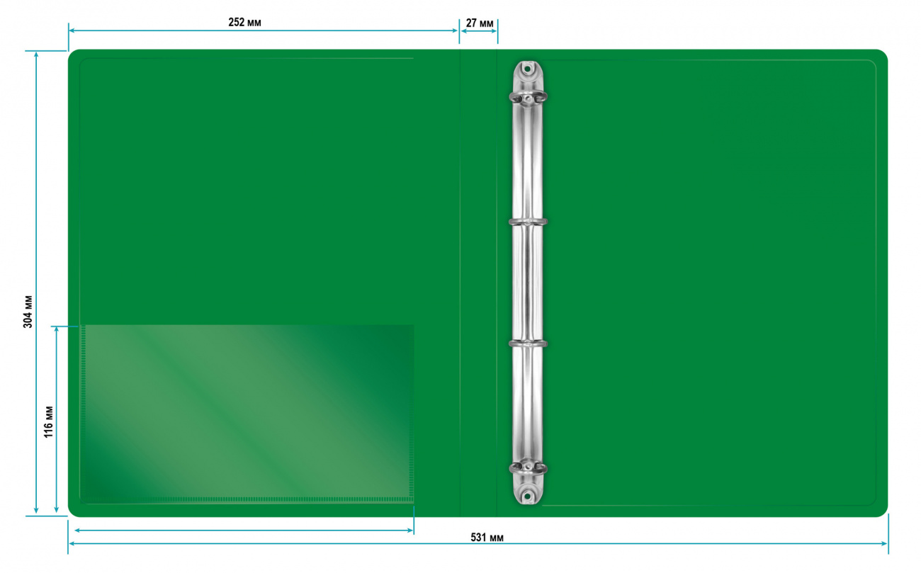 Папка на кольцах Бюрократ 4шт колец О-образные A4 27мм корешок пластик 0.7мм зеленый - фото 3
