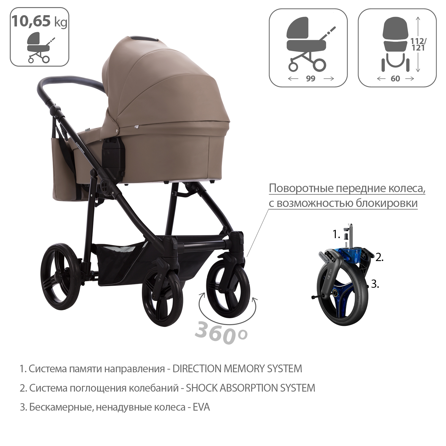 Коляска 2в1 Bebetto Explorer Air Pro экокожа шасси Черное 04 - фото 4